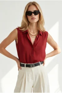 Olalook Women Burgundy Sleeveless Viscose Shirt - Image 2