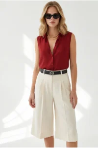 Olalook Women Burgundy Sleeveless Viscose Shirt - Image 3