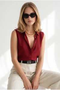 Olalook Women Burgundy Sleeveless Viscose Shirt - Image 4