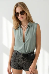 Olalook Women's Mint Green Sleeveless Viscose Shirt