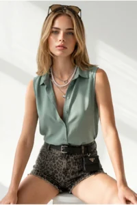 Olalook Women's Mint Green Sleeveless Viscose Shirt - Image 2