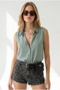 Olalook Women's Mint Green Sleeveless Viscose Shirt - Image 3