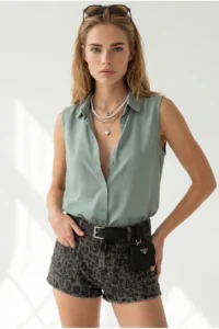 Olalook Women's Mint Green Sleeveless Viscose Shirt - Image 4