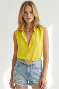 Olalook Women Yellow Sleeveless Viscose Shirt - Image 2