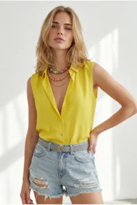 Olalook Women Yellow Sleeveless Viscose Shirt - Image 3