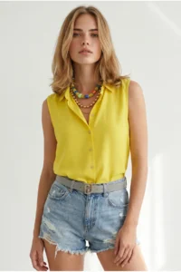 Olalook Women Yellow Sleeveless Viscose Shirt - Image 4