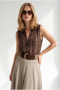 Olalook Women's Brown Stone Buttoned Polka Dot Semi-Transparent Sleeveless Shirt