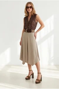 Olalook Women's Brown Stone Buttoned Polka Dot Semi-Transparent Sleeveless Shirt - Image 2