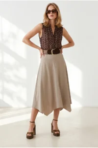 Olalook Women's Brown Stone Buttoned Polka Dot Semi-Transparent Sleeveless Shirt - Image 3