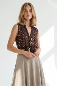 Olalook Women's Brown Stone Buttoned Polka Dot Semi-Transparent Sleeveless Shirt - Image 4