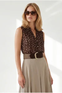 Olalook Women's Brown Stone Buttoned Polka Dot Semi-Transparent Sleeveless Shirt - Image 5