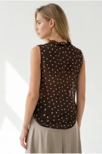 Olalook Women's Brown Stone Buttoned Polka Dot Semi-Transparent Sleeveless Shirt - Image 6