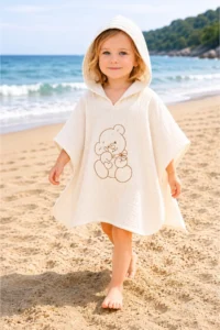 Tomuycuk Teddy Bear Embroidered 100% Cotton Muslin Ecru Pareo Towel - Baby & Kids Beach and Bath Poncho (0-2 Years)