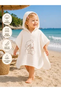 Tomuycuk Teddy Bear Embroidered 100% Cotton Muslin Ecru Pareo Towel - Baby & Kids Beach and Bath Poncho (0-2 Years) - Image 2