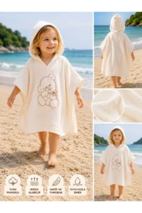 Tomuycuk Teddy Bear Embroidered 100% Cotton Muslin Ecru Pareo Towel - Baby & Kids Beach and Bath Poncho (0-2 Years) - Image 3