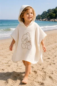 Tomuycuk Teddy Bear Embroidered 100% Cotton Muslin Ecru Pareo Towel - Baby & Kids Beach and Bath Poncho (0-2 Years) - Image 4