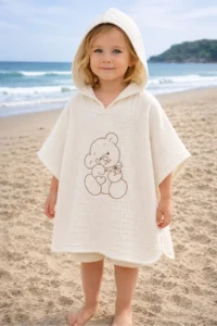 Tomuycuk Teddy Bear Embroidered 100% Cotton Muslin Ecru Pareo Towel - Baby & Kids Beach and Bath Poncho (0-2 Years) - Image 5