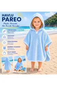 Tomuycuk Mavi Baby Boy Bathrobe / Pareo with Hood 100% Cotton - Soft & Water Absorbent Baby Towel