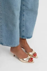 Nisantasi Shoes PROMISE Gold Patterned Pointed toe Women Thin Heels Slippers - Image 2