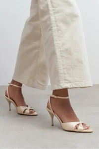 Nisantasi Shoes MONICA Beige Satin Bilek Belt Detailed Women Thin Heels Shoes