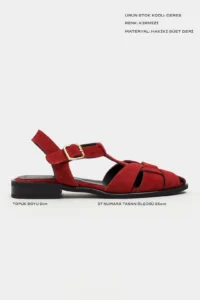 Nisantasi Shoes Ceres Red GENUINE Leather Suede Hair Clip Detailed Short Heels Women Sandals - Image 2