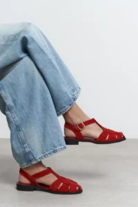 Nisantasi Shoes Ceres Red GENUINE Leather Suede Hair Clip Detailed Short Heels Women Sandals - Image 6