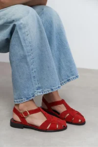 Nisantasi Shoes Ceres Red GENUINE Leather Suede Hair Clip Detailed Short Heels Women Sandals - Image 7