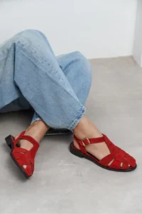 Nisantasi Shoes Ceres Red GENUINE Leather Suede Hair Clip Detailed Short Heels Women Sandals - Image 8
