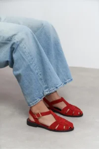 Nisantasi Shoes Ceres Red GENUINE Leather Suede Hair Clip Detailed Short Heels Women Sandals - Image 9