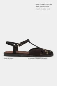 Nisantasi Shoes Majes DARK Brown Suede Leather Embroidery Detailed Flat Sole Women Sandals - Image 3