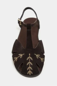 Nisantasi Shoes Majes DARK Brown Suede Leather Embroidery Detailed Flat Sole Women Sandals - Image 4