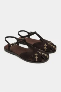 Nisantasi Shoes Majes DARK Brown Suede Leather Embroidery Detailed Flat Sole Women Sandals - Image 6