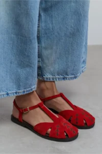 Nisantasi Shoes Majes Red SUEDE Leather Embroidery Detailed Flat Sole Women Sandals - Image 10