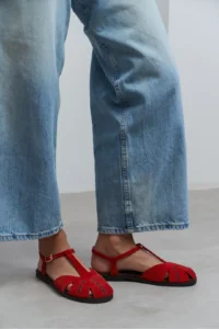 Nisantasi Shoes Majes Red SUEDE Leather Embroidery Detailed Flat Sole Women Sandals - Image 2