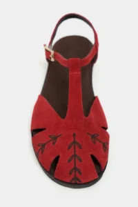 Nisantasi Shoes Majes Red SUEDE Leather Embroidery Detailed Flat Sole Women Sandals - Image 4