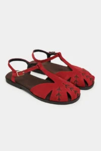 Nisantasi Shoes Majes Red SUEDE Leather Embroidery Detailed Flat Sole Women Sandals - Image 6