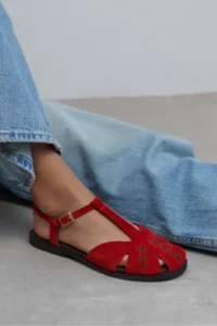 Nisantasi Shoes Majes Red SUEDE Leather Embroidery Detailed Flat Sole Women Sandals - Image 7