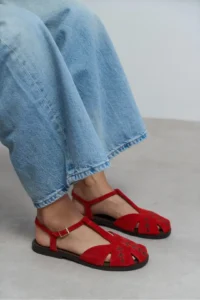 Nisantasi Shoes Majes Red SUEDE Leather Embroidery Detailed Flat Sole Women Sandals - Image 8