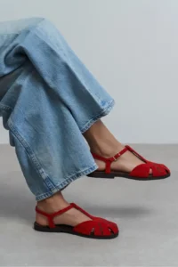 Nisantasi Shoes Majes Red SUEDE Leather Embroidery Detailed Flat Sole Women Sandals - Image 9
