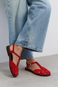 Nisantasi Shoes Harpi Red SUEDE Leather Hair Clip Detailed Flat Sole Women Sandals - Image 2