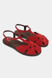 Nisantasi Shoes Harpi Red SUEDE Leather Hair Clip Detailed Flat Sole Women Sandals - Image 4