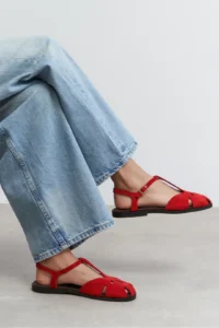 Nisantasi Shoes Harpi Red SUEDE Leather Hair Clip Detailed Flat Sole Women Sandals - Image 5