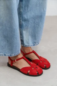 Nisantasi Shoes Harpi Red SUEDE Leather Hair Clip Detailed Flat Sole Women Sandals - Image 6