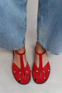 Nisantasi Shoes Harpi Red SUEDE Leather Hair Clip Detailed Flat Sole Women Sandals - Image 7