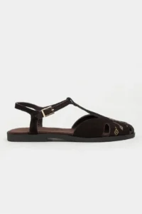 Nisantasi Shoes Wood DARK Brown Suede Leather Embroidery Detailed Flat Sole Women Sandals