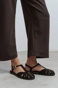 Nisantasi Shoes Wood DARK Brown Suede Leather Embroidery Detailed Flat Sole Women Sandals - Image 2