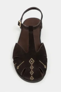Nisantasi Shoes Wood DARK Brown Suede Leather Embroidery Detailed Flat Sole Women Sandals - Image 4