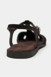 Nisantasi Shoes Wood DARK Brown Suede Leather Embroidery Detailed Flat Sole Women Sandals - Image 5