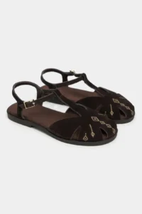 Nisantasi Shoes Wood DARK Brown Suede Leather Embroidery Detailed Flat Sole Women Sandals - Image 6