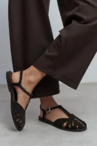 Nisantasi Shoes Wood DARK Brown Suede Leather Embroidery Detailed Flat Sole Women Sandals - Image 7